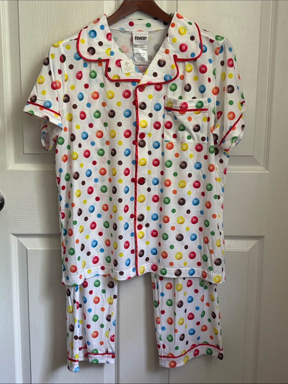 M&M's White Multicolor Candy Polka Dot Shirt Sleeve Pajama Set Size Large cute